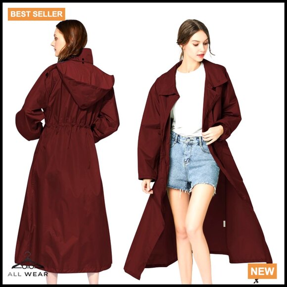 Jackets & Blazers - Long Hooded Raincoat Waterproof Packable Lightweight Trench Style Adjustable